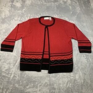 Alfred Dunner Women's Red/Black Overlay 3/4 Sleeve Sweater Top Size Large